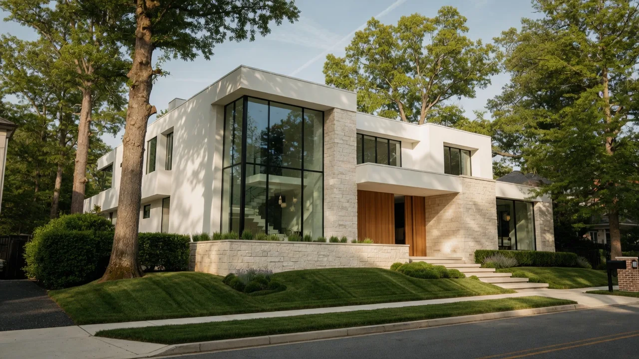 A sunlit modern residence in a leafy Maryland suburb