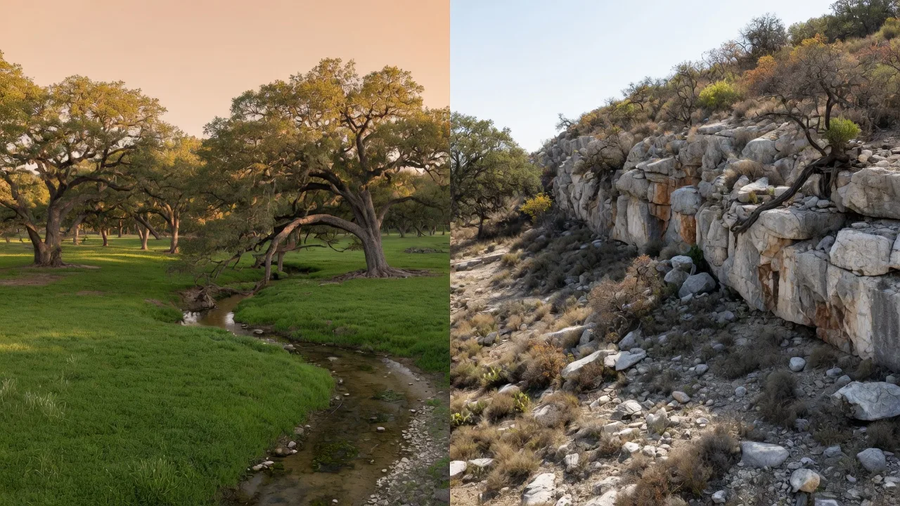 Comparison of two Hill Country lot types: flat creek-bottom parcel versus steep limestone hillside