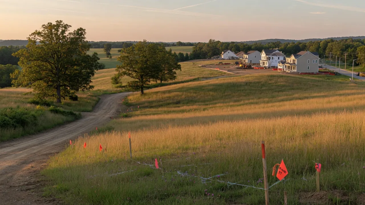 Surveyed vacant rural land parcel at the edge of a developing Maryland community with wooden boundary stakes, rolling hills, and distant new construction under warm afternoon light
