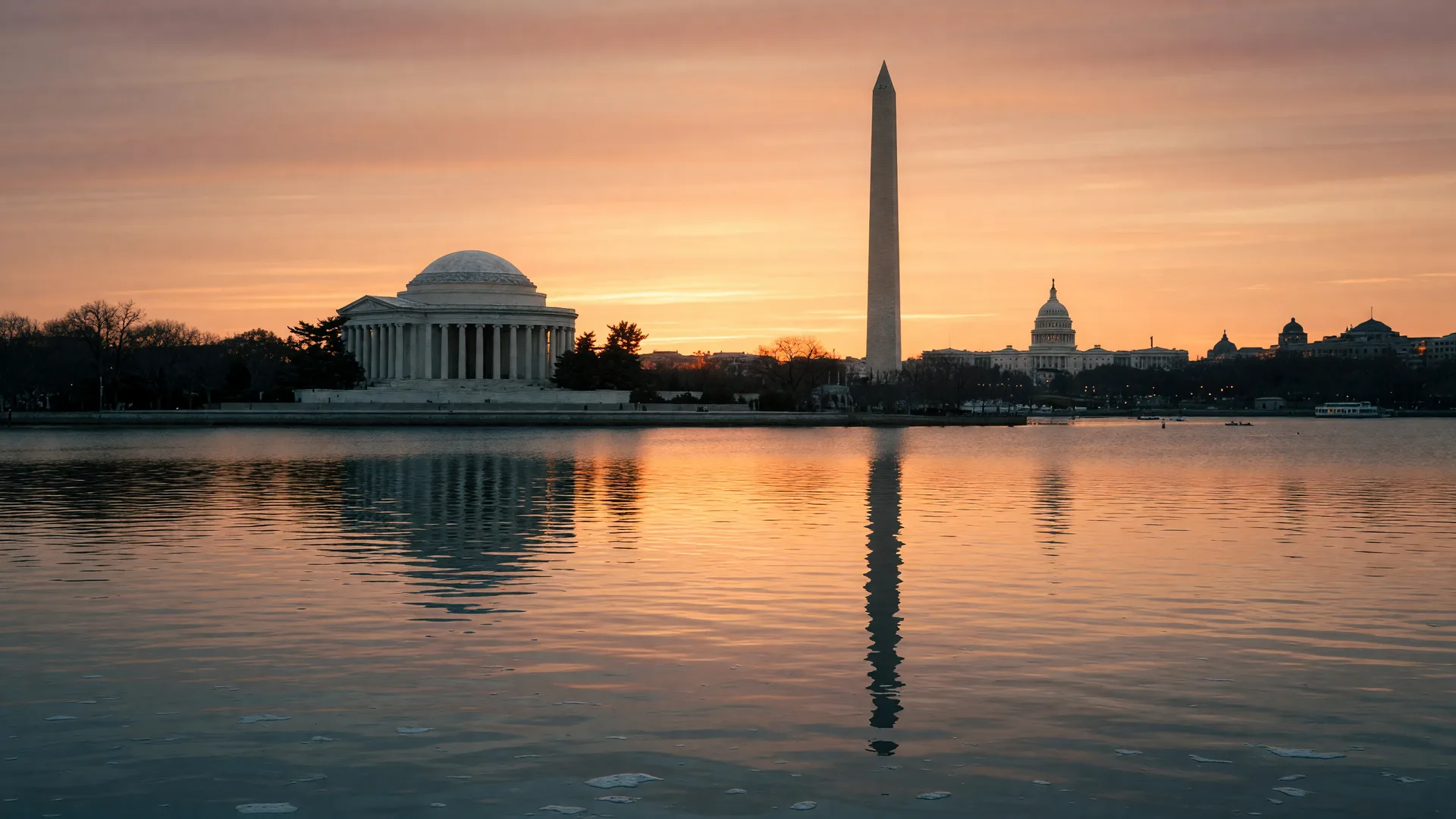 The Washington DC skyline across the river in warm late-afternoon light