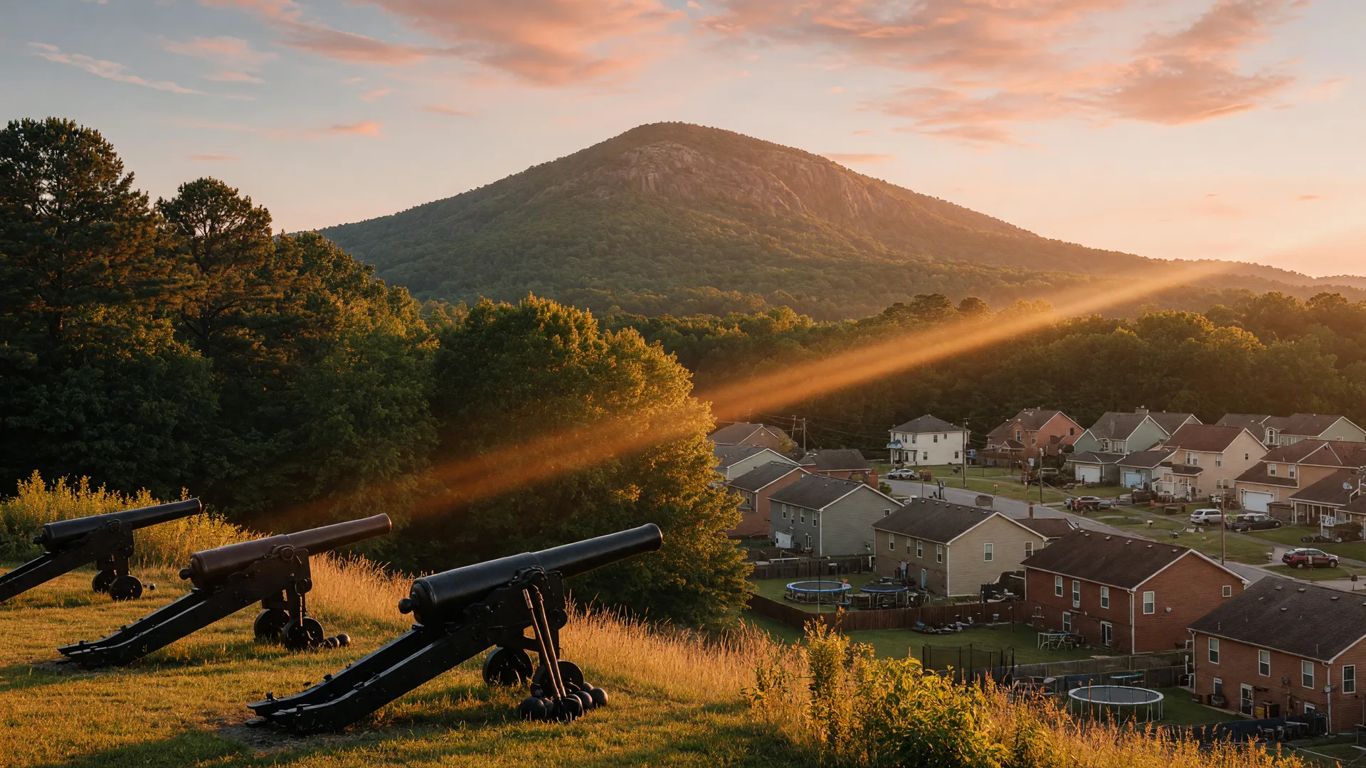 Kennesaw Mountain at golden hour with Civil War cannon silhouettes in the foreground and suburban rooftops visible in the distance