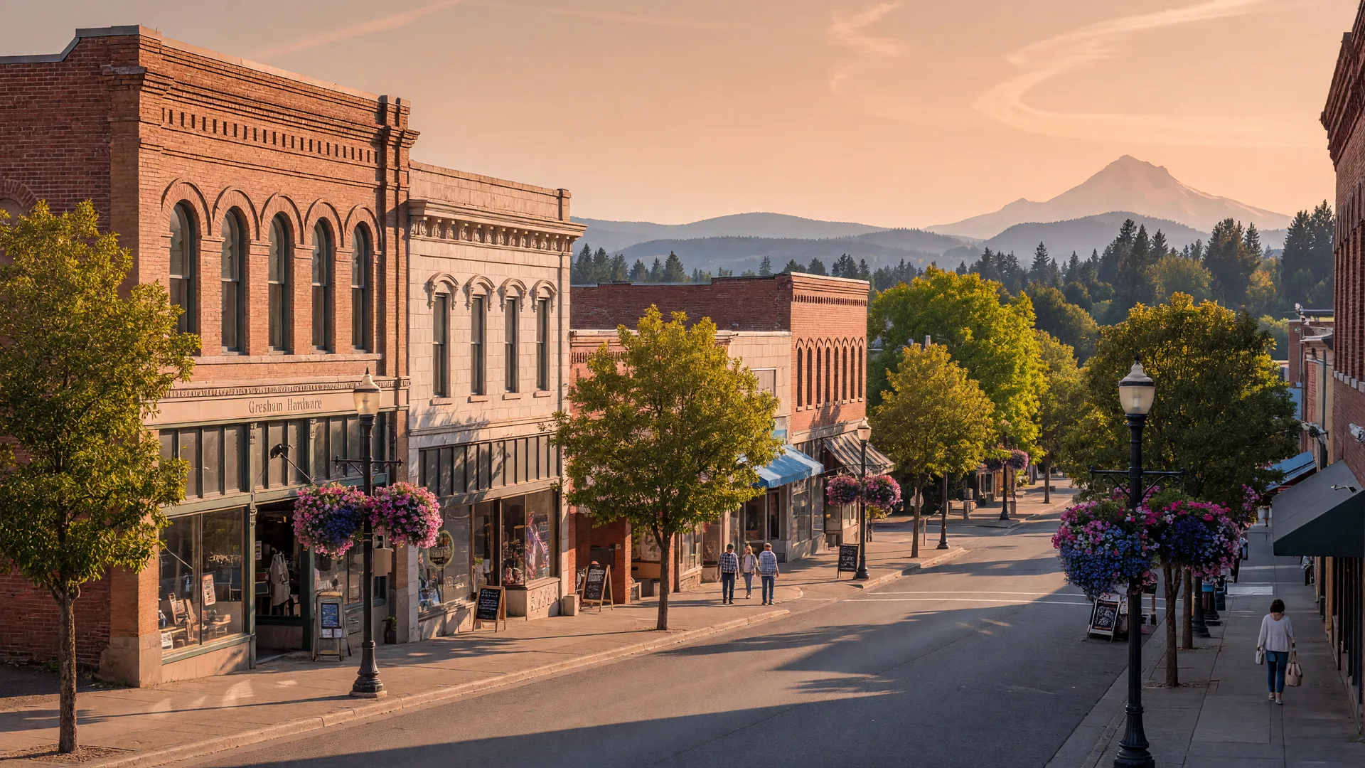 Historic Main Street in downtown Gresham at golden hour with the Cascade foothills and Mount Hood on the horizon