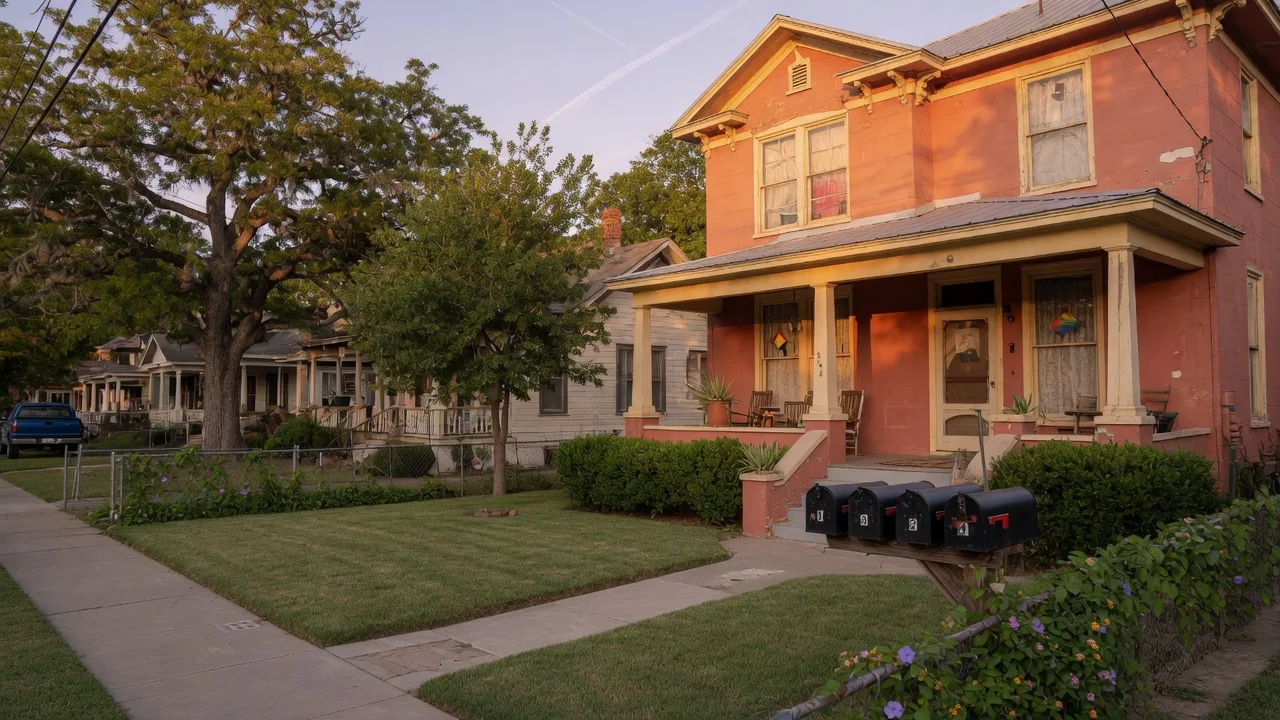 Converted Texas fourplex with four mailboxes beside the front porch in warm afternoon light
