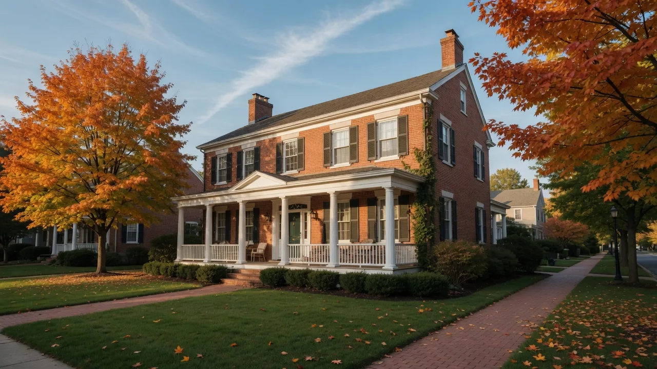 Classic brick colonial home in Moorestown surrounded by golden autumn trees on a crisp September morning
