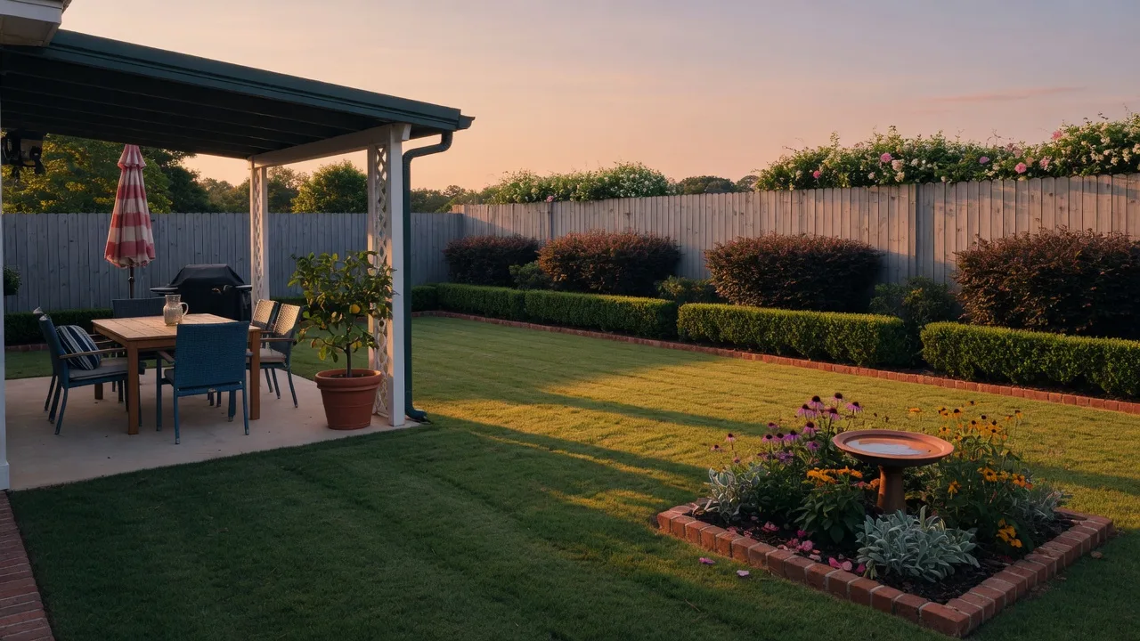 A well-kept Georgia backyard with a patio, lawn, and trimmed shrub beds at golden hour