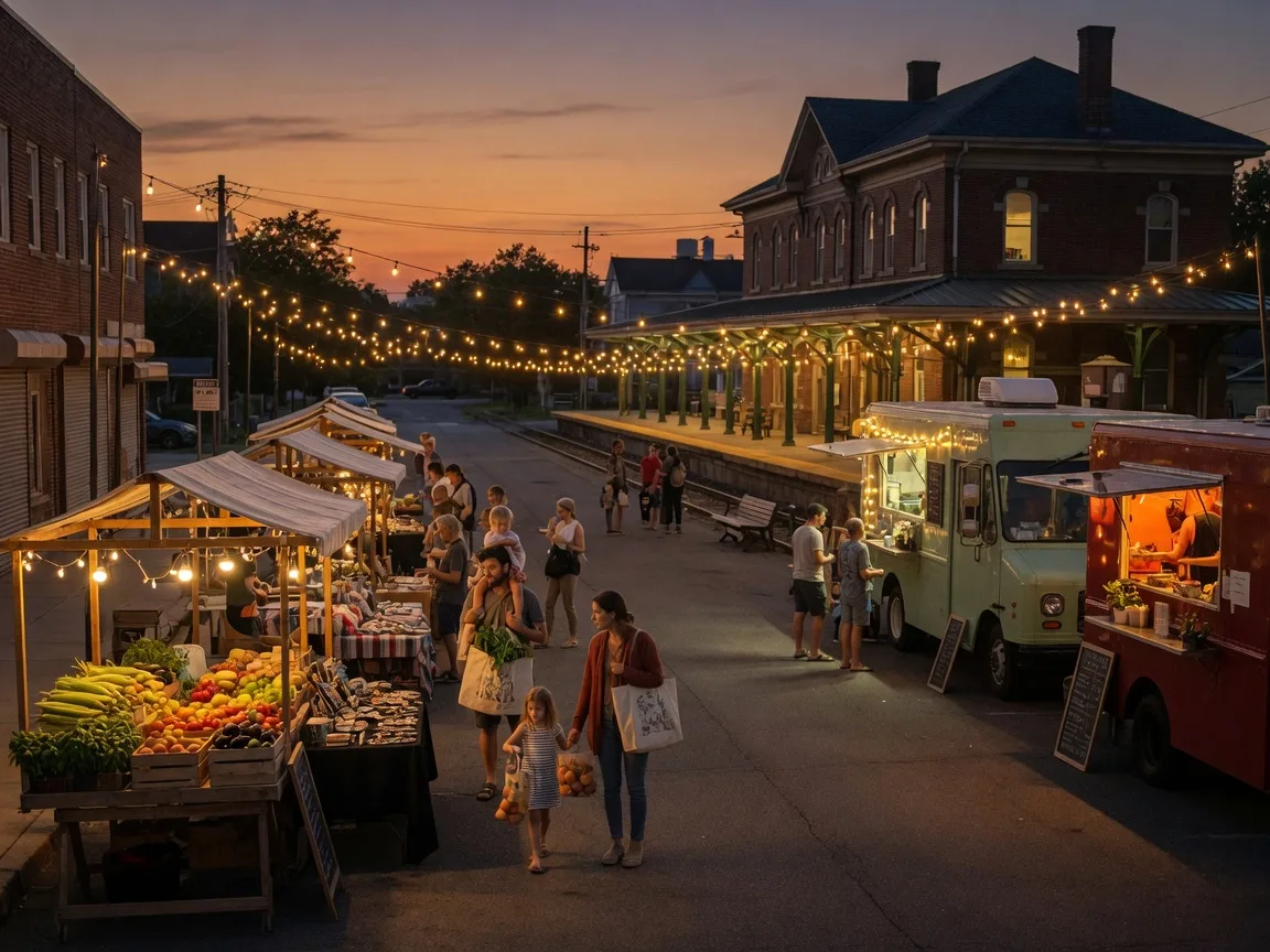 Evening farmers market in a small suburban town with string lights draped over wooden vendor stalls, families with canvas bags browsing produce and flowers, a historic train station in the background at dusk