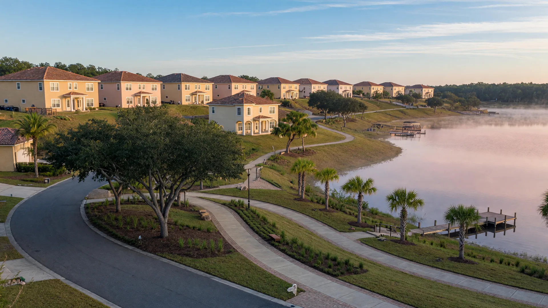 New tile-roofed homes on rolling hills above a lake in Clermont, Florida.