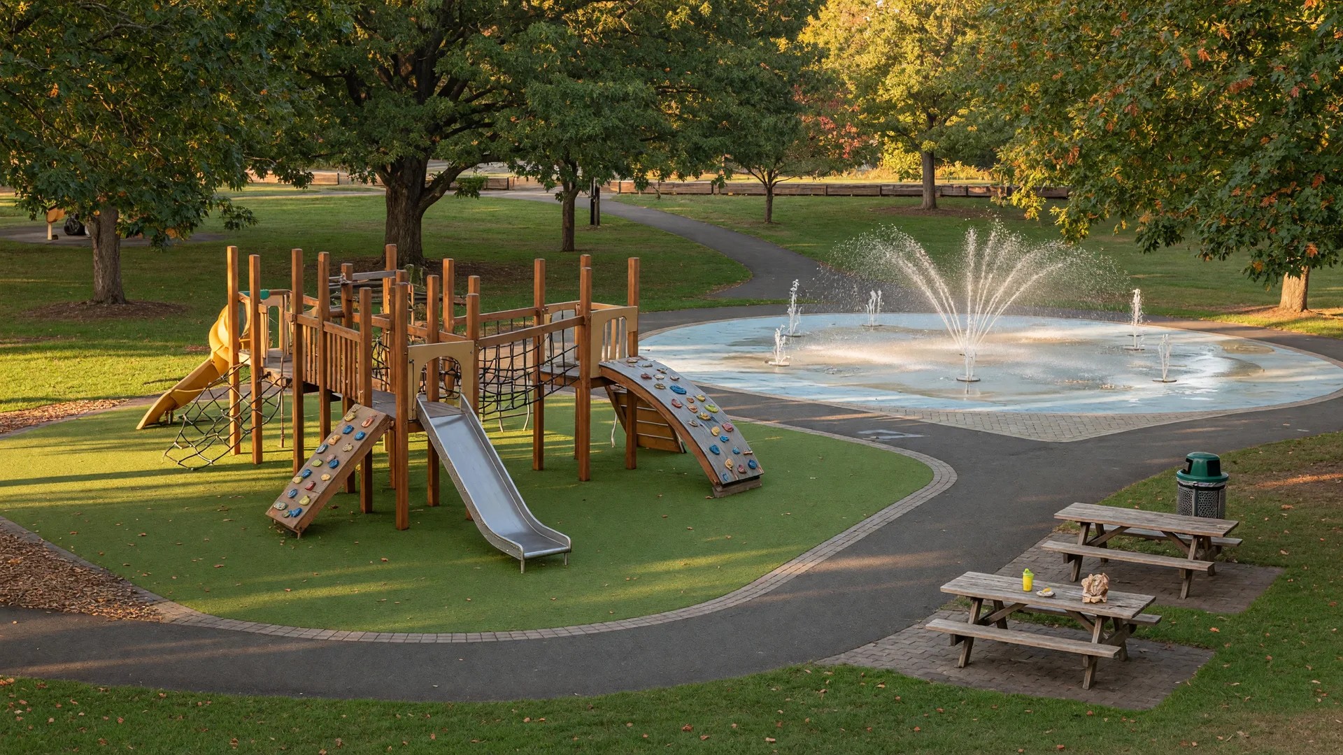 Playground and splash fountain in a sunlit Portland metro park with winding paved paths and mature trees at golden hour