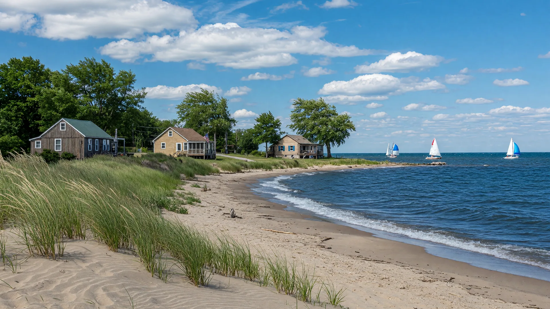 Sandy Lake Erie shoreline with dunes and beach grass near Madison Ohio on a bright summer day
