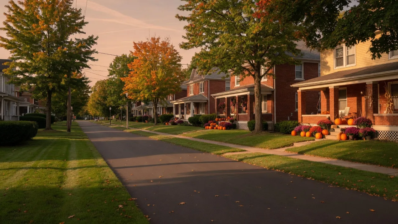 A quiet Michigan subdivision street in late-September golden hour light, with maples turning gold and fall porch decor