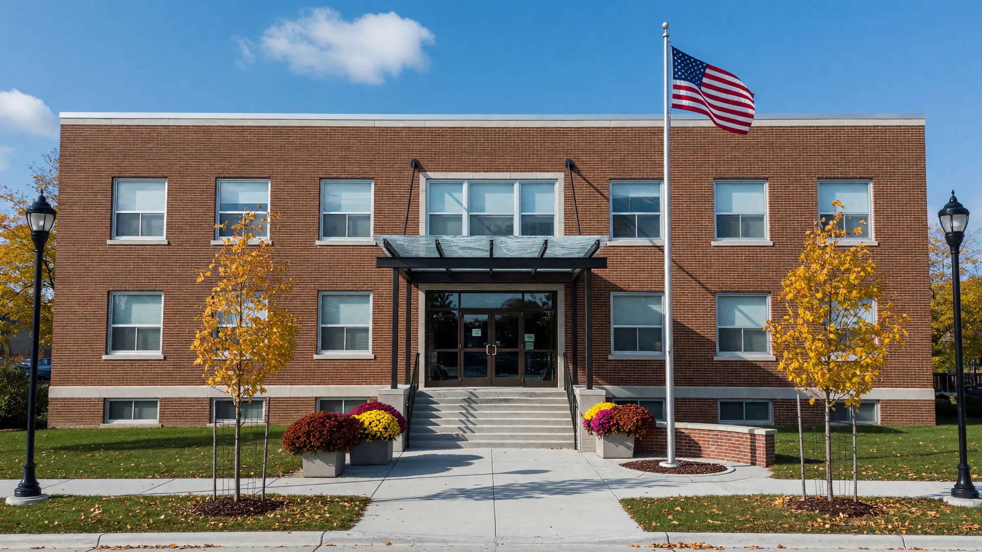 Freshly renovated small-town municipal building with autumn landscaping, fall mums, and an American flag under a blue sky