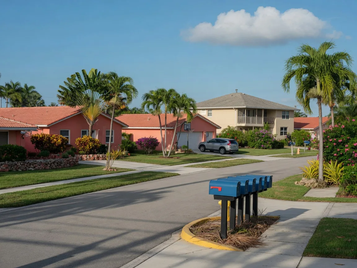 Typical mid-range South Florida suburban street with stucco homes, palm trees and trimmed lawns