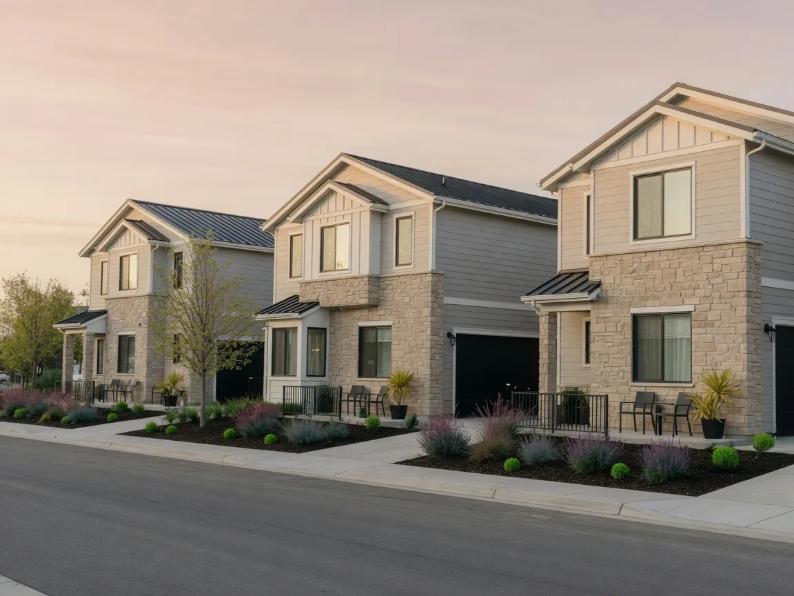 Contemporary townhomes with clean rooflines and compact landscaped grounds in Meridian