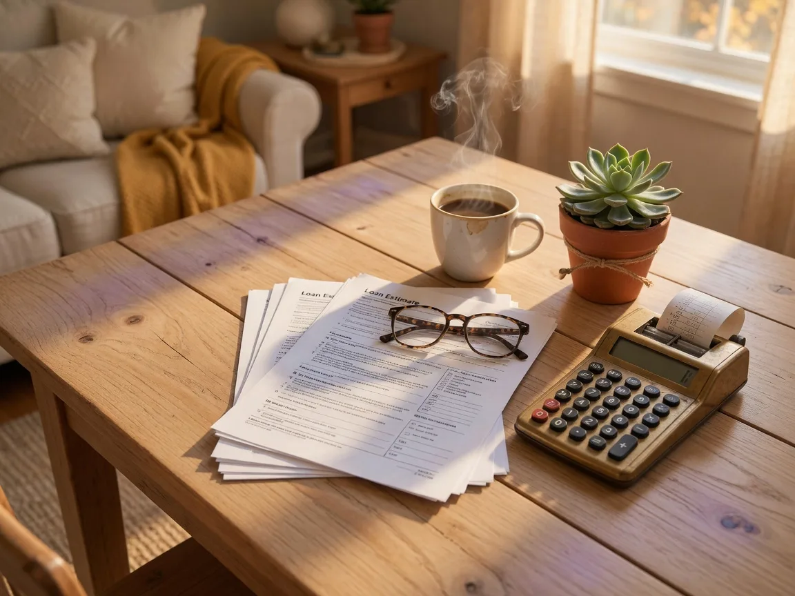 Warm flat-lay of mortgage paperwork, a calculator, coffee, and reading glasses on a farmhouse table in soft autumn light