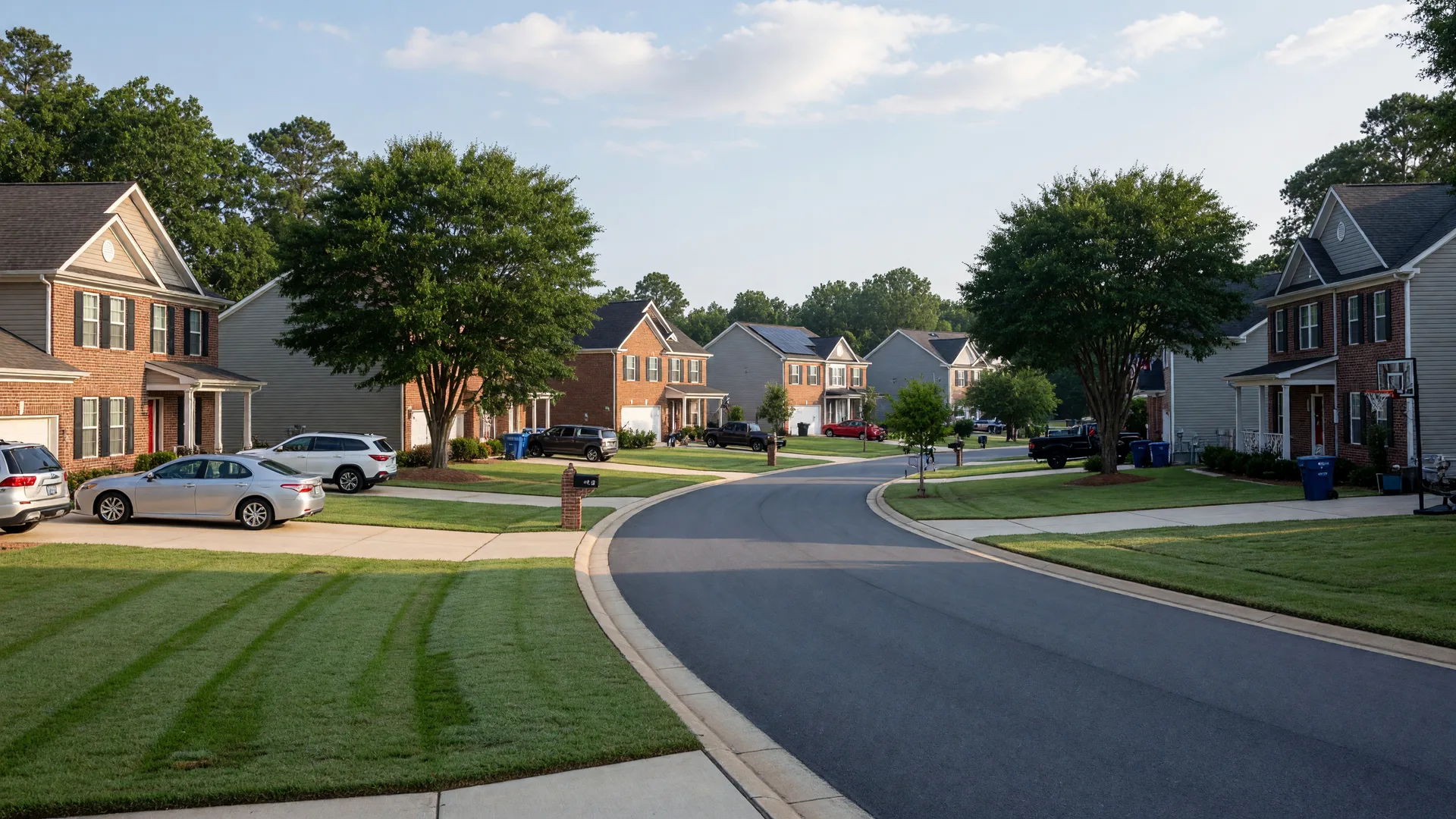 Tree-lined suburban street with brick single-family homes in Indian Trail, North Carolina in morning light
