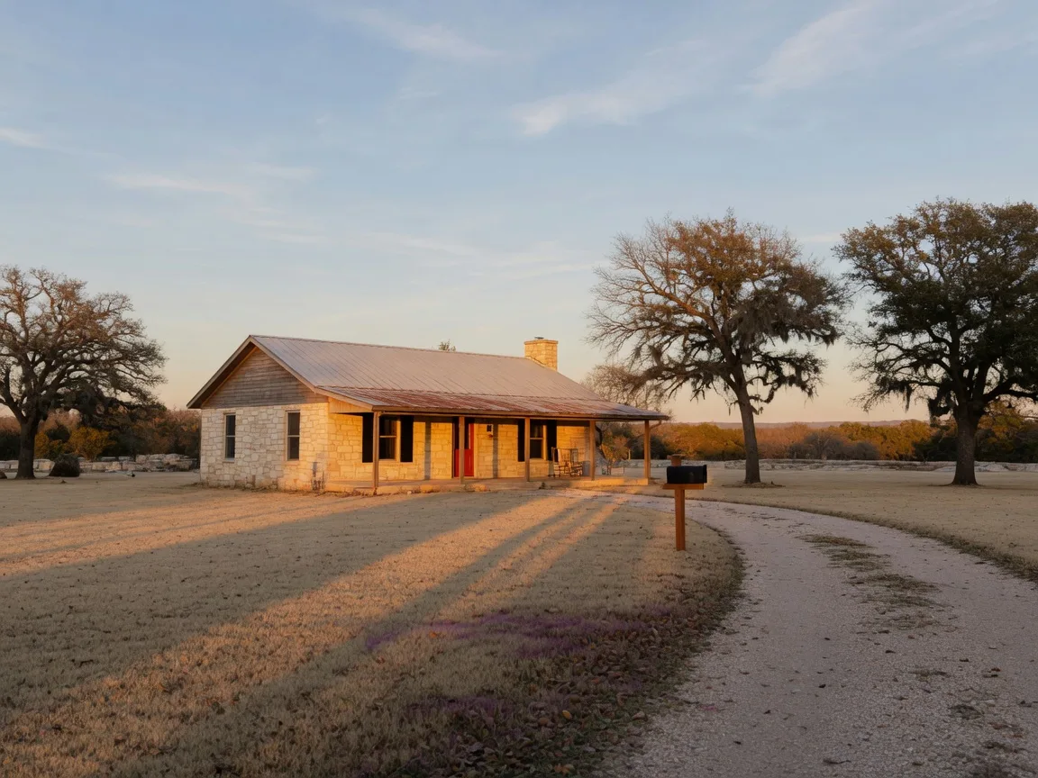 A Texas Hill Country ranch-style home with cedar and limestone siding in warm late-autumn light, representing the quieter winter buying season