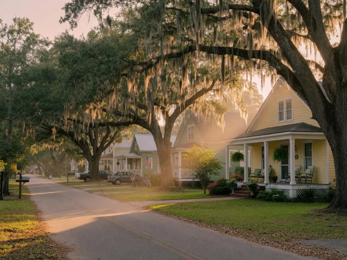Live oaks draped in Spanish moss arching over a quiet residential street in Summerville, South Carolina at golden hour