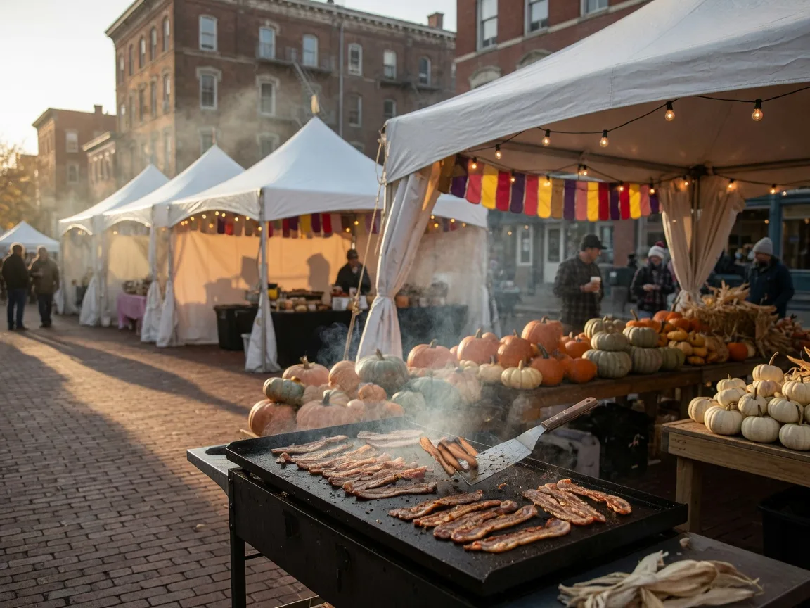 Rows of white vendor tents with string lights lining a brick-paved downtown square on a crisp November morning, a food stall grill sending up light smoke with trays of bacon being flipped, pumpkins and gourds on nearby tables, and a few distant festival attendees between historic brick buildings in golden morning light