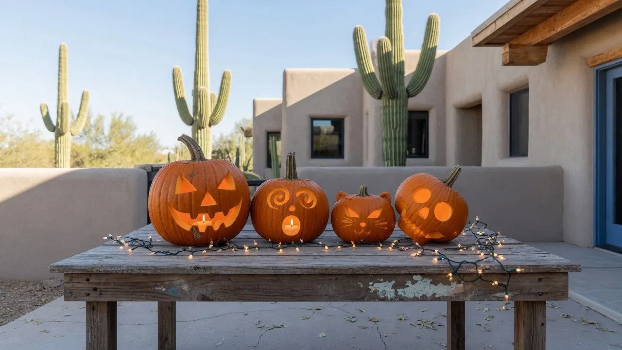 A fall harvest festival in a Phoenix Valley desert park at golden hour, with string-lit vendor booths, pumpkin displays, and saguaro silhouettes on the horizon
