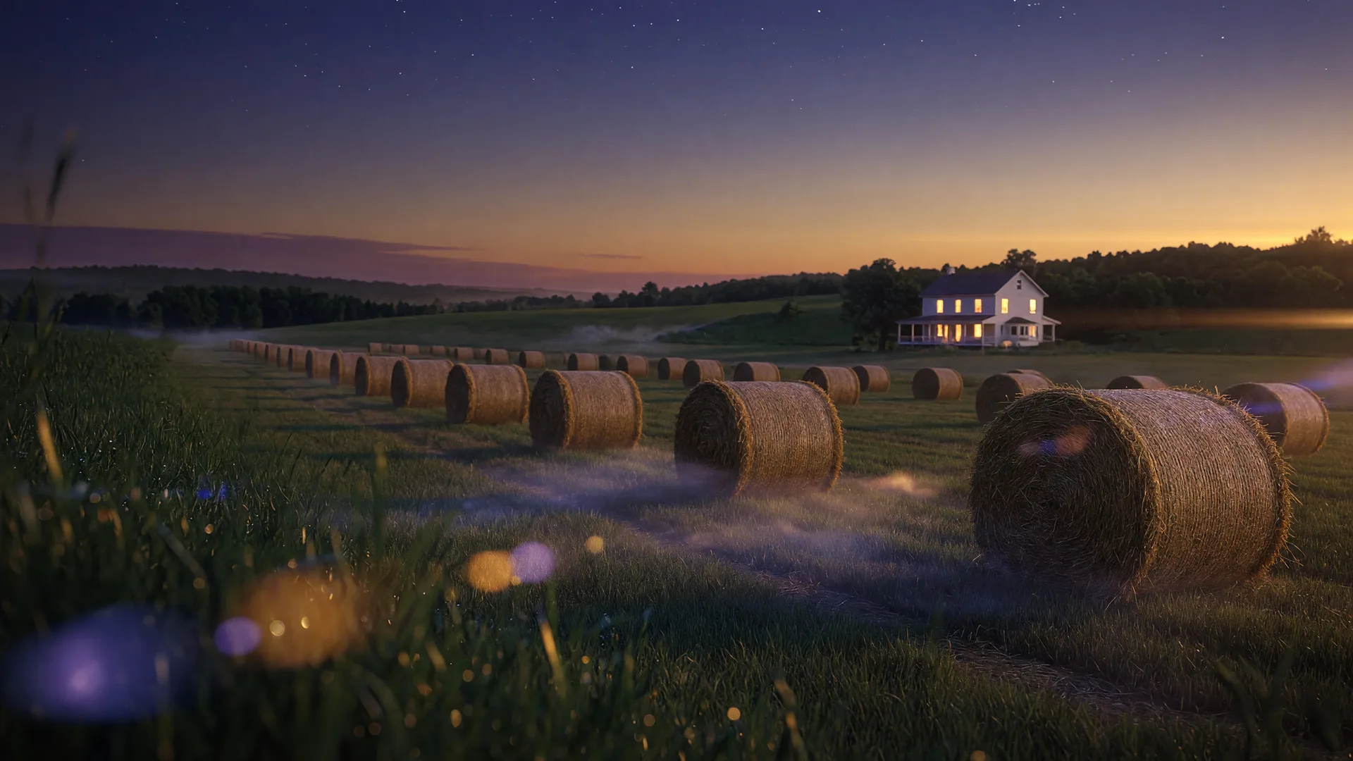 A Kentucky hayfield at dusk with golden hay bales and a farmhouse with warm lit windows