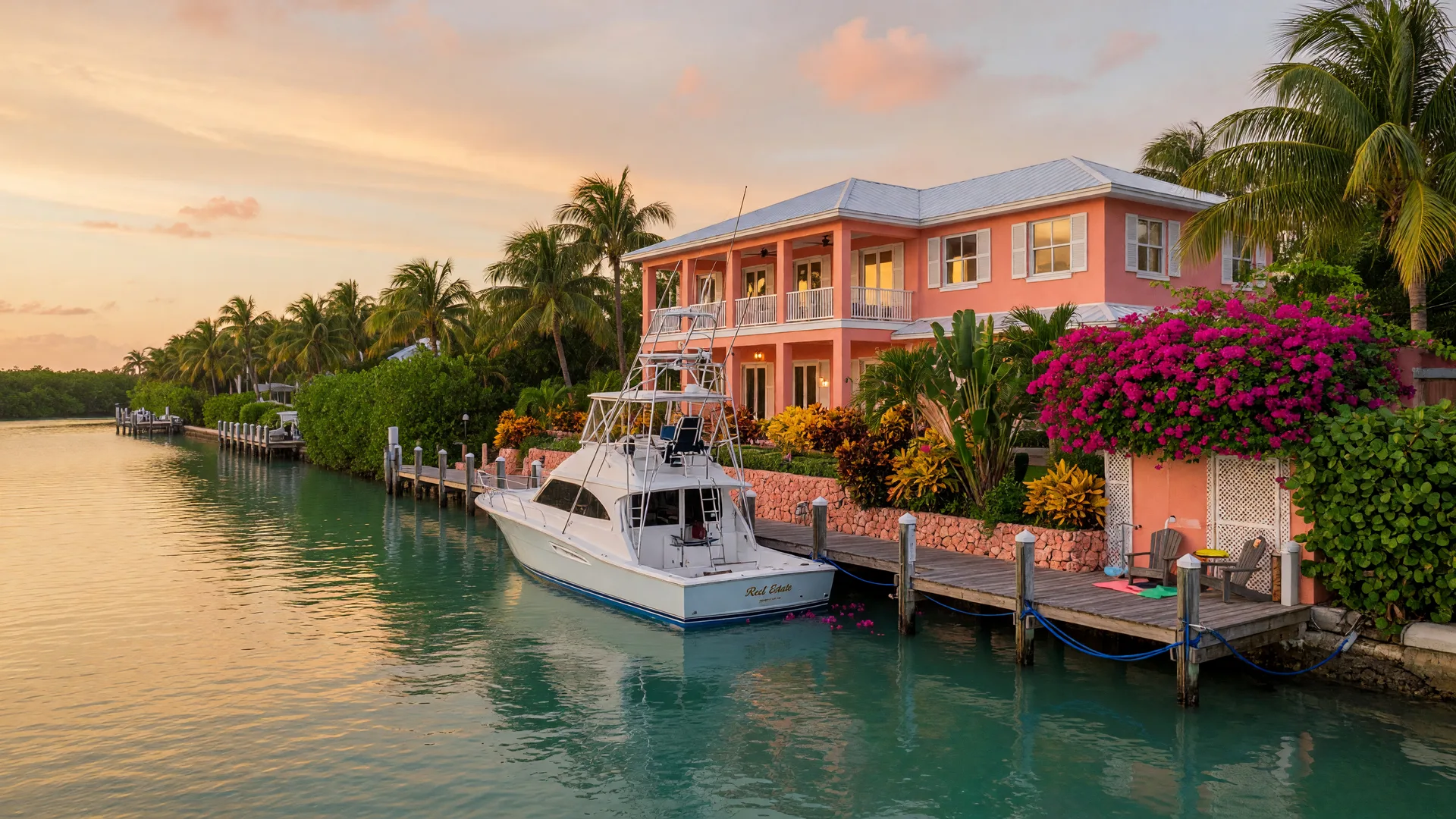 Luxury canal-front home in Islamorada at golden hour with a sportfishing yacht moored at a private dock, bougainvillea and tropical landscaping, warm amber light reflecting off turquoise water