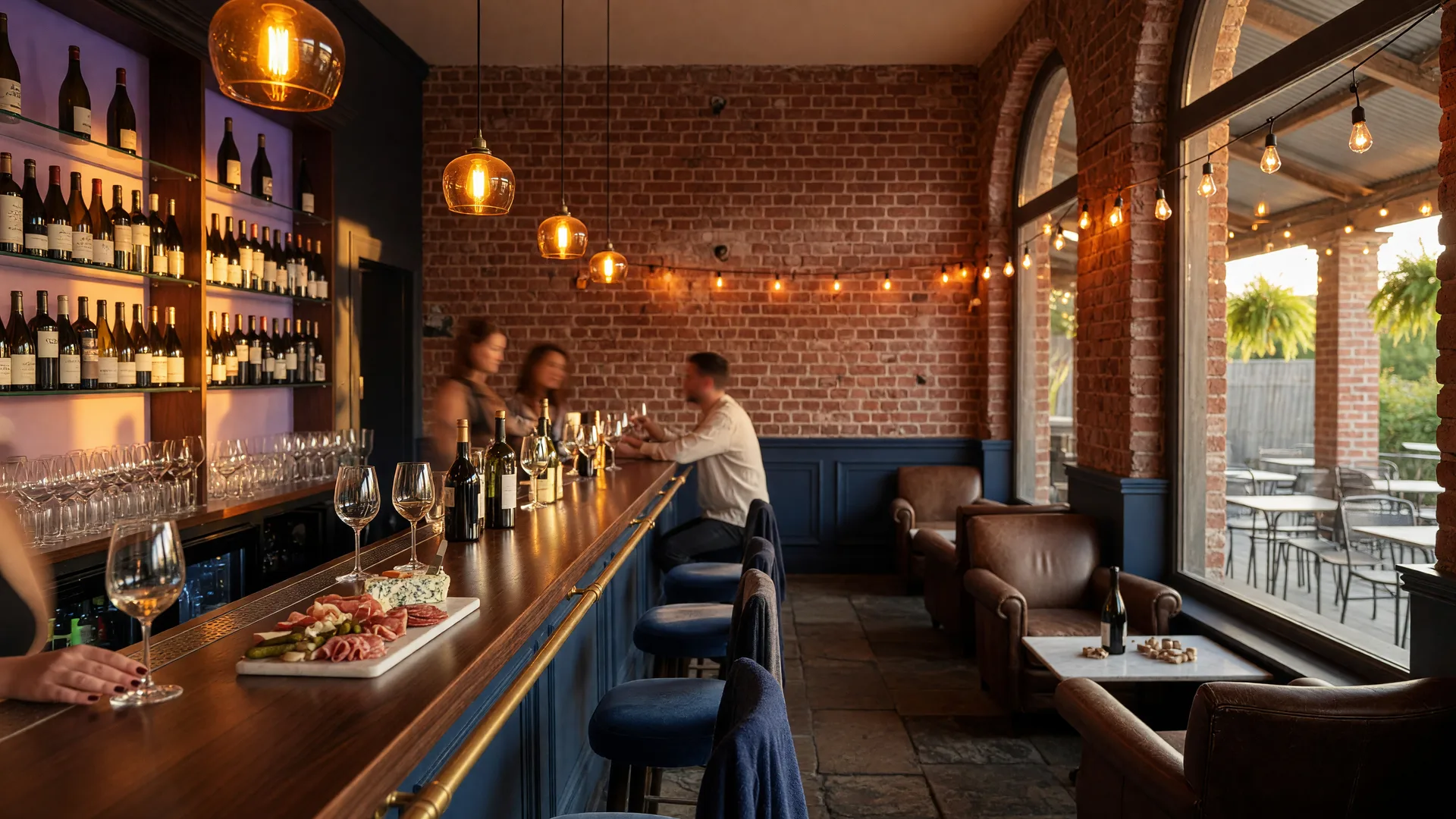 Cork It Braselton wine and charcuterie bar inside a restored historic building in Braselton Georgia, with a walnut bar, glowing wine wall, exposed brick, and warm amber lighting