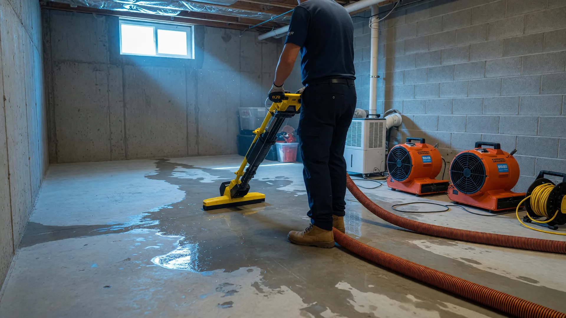 Restoration technician extracting standing water from a residential basement during emergency mitigation