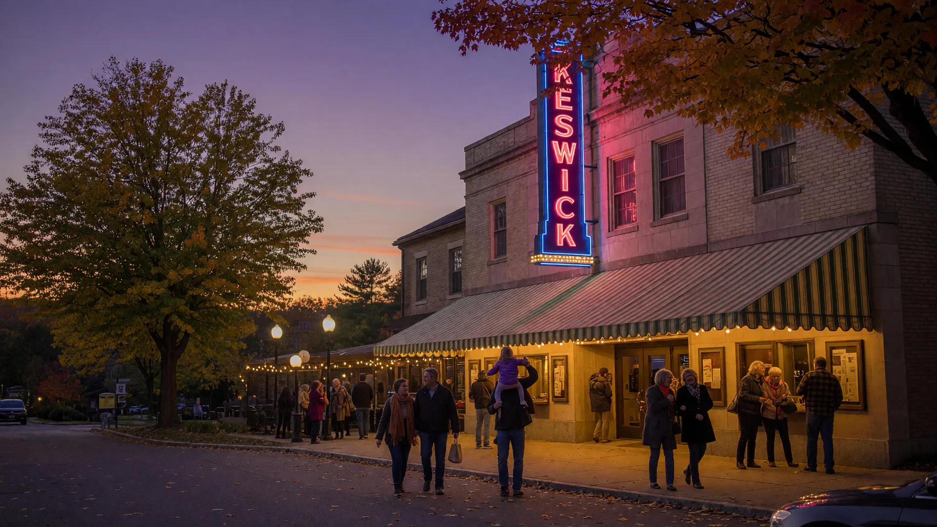 The historic Keswick Theatre in Glenside Pennsylvania on an autumn evening with its glowing neon marquee lit up and people walking toward the entrance under the canopy, mature trees with early fall color framing the scene