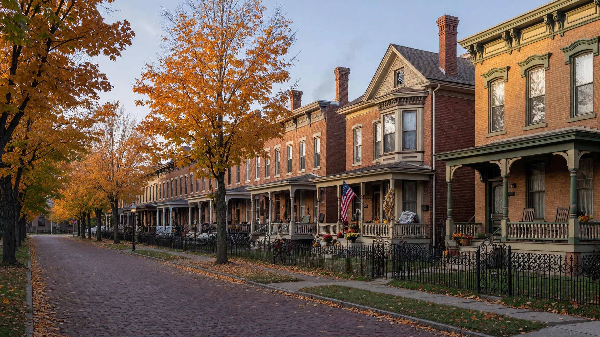 A brick-paved street in the Oregon District of Dayton, Ohio on a crisp late-October morning, restored Victorian Italianate and Queen Anne row houses with deep front porches, wrought-iron fencing, and tall chimney pots lining the tree-lined street, sugar maples turning orange and gold in warm low morning light