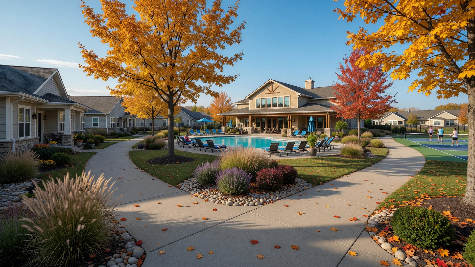 An upscale 55+ active-adult community in the Indianapolis suburbs on a sunny autumn afternoon, with single-level ranch and courtyard homes, a resort clubhouse and pool, pickleball courts, and trees in warm fall color
