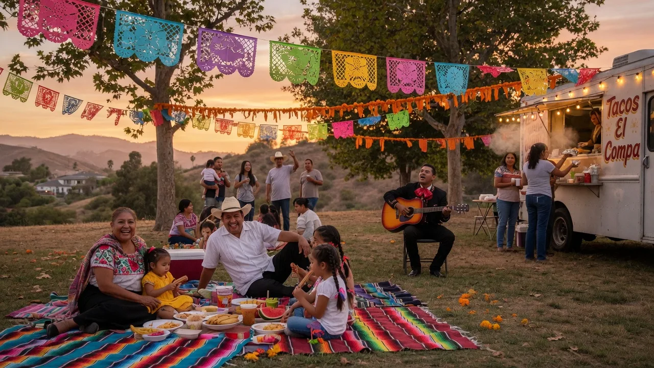 A festive Latin American cultural celebration in a Santa Clarita park at golden hour with colorful banners and a guitarist