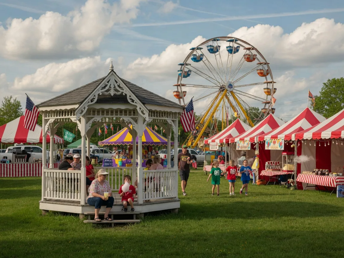 Historic Medina public square gazebo with county fair Ferris wheel and red-and-white striped carnival tents in the distance