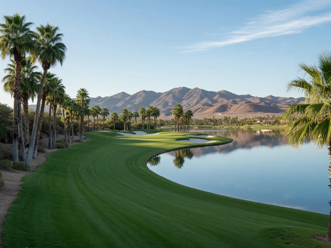The Reflection Bay golf course at Lake Las Vegas with a fairway curving toward the lake and mountains beyond