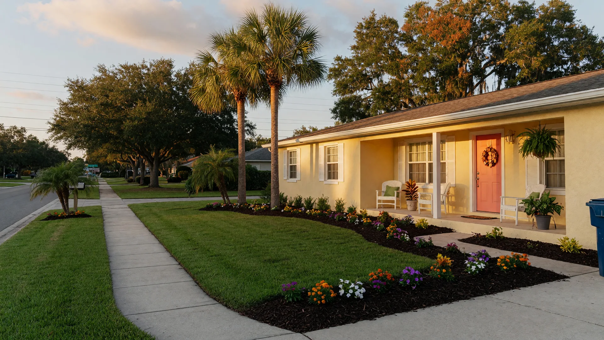 A well-maintained Florida home in a Tampa Bay neighborhood at golden hour in early autumn, with palm trees, fresh mulch beds, and a welcoming front porch