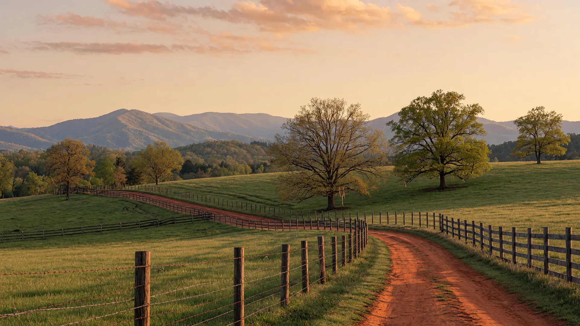 Rolling North Georgia pasture at golden hour with red-clay lane and fencing
