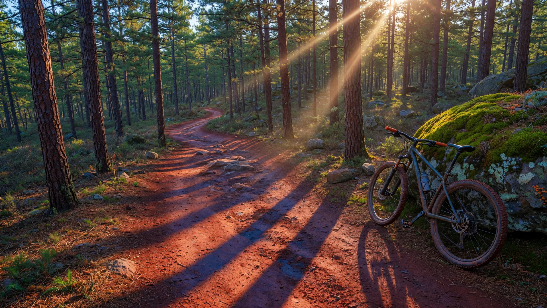 Red-clay mountain bike trail winding through a Minnesota pine forest