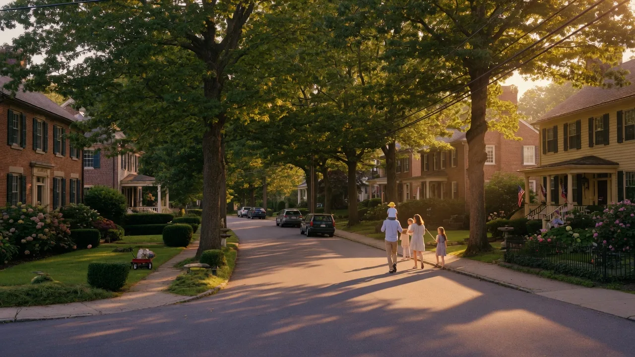 A tree-lined street in Rydal PA on a late-summer evening with golden-hour light through mature oaks and historic colonial homes