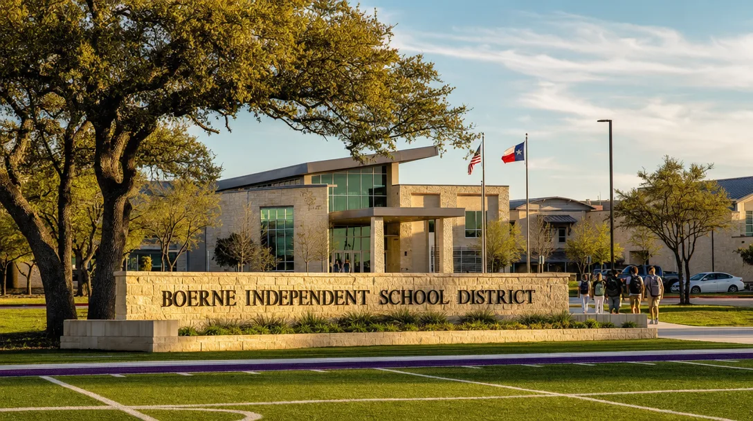 A modern Texas school campus in the Hill Country at golden hour, with limestone-and-glass architecture, a stone entry sign reading Boerne Independent School District, manicured athletic fields, and live oak trees framing the campus