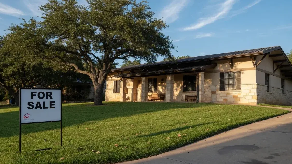 A well-kept Texas suburban home with a real estate for-sale sign in the front yard in warm late-afternoon light