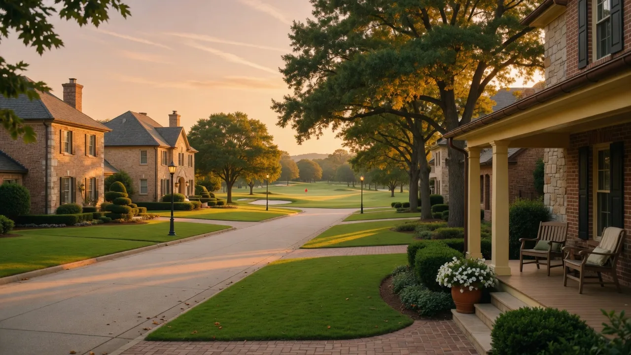 Tree-lined street in a luxury golf course community with brick and stone homes at golden hour, representing the lifestyle-first living trend