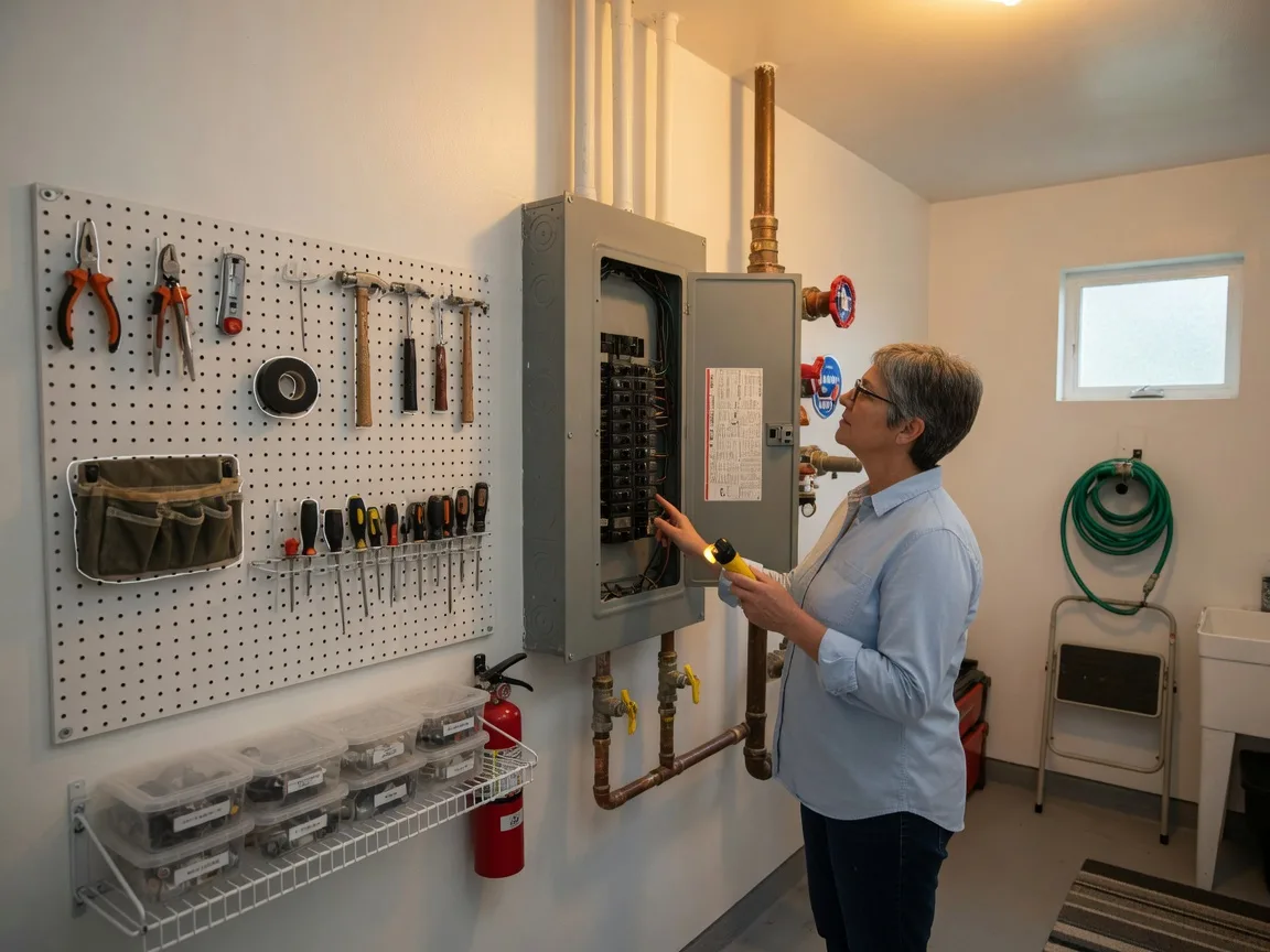 Homeowner checking electrical panel and utility shutoff valves in a clean organized utility room