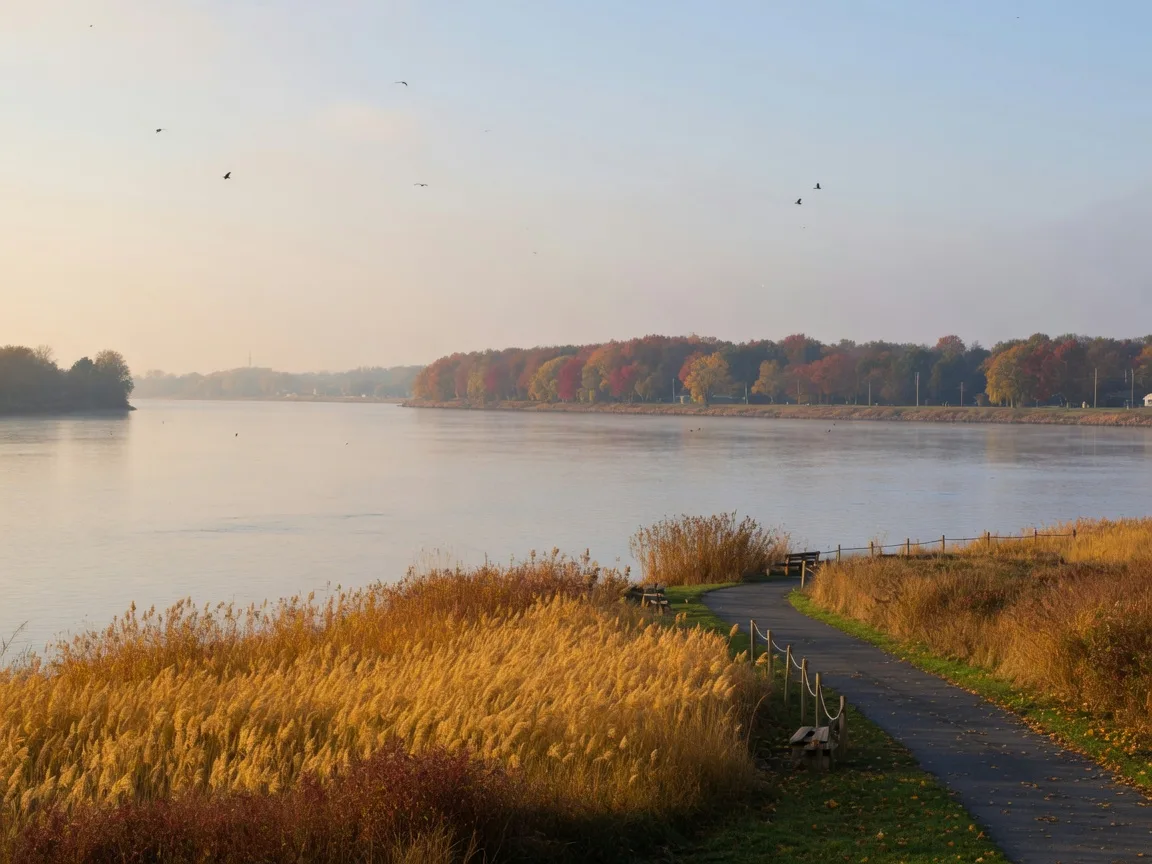 Calm autumn view of the wide Delaware River from a South Jersey riverfront town, golden marsh grasses and a walking path in the foreground, soft morning light