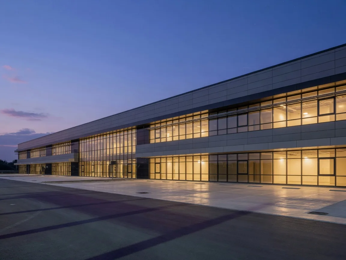 A modern industrial building exterior at dusk with warm lit windows