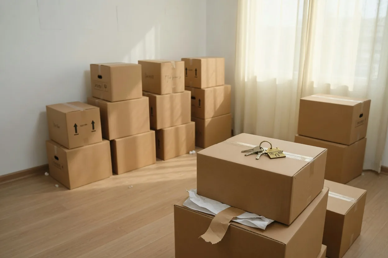 Photograph of packed cardboard moving boxes