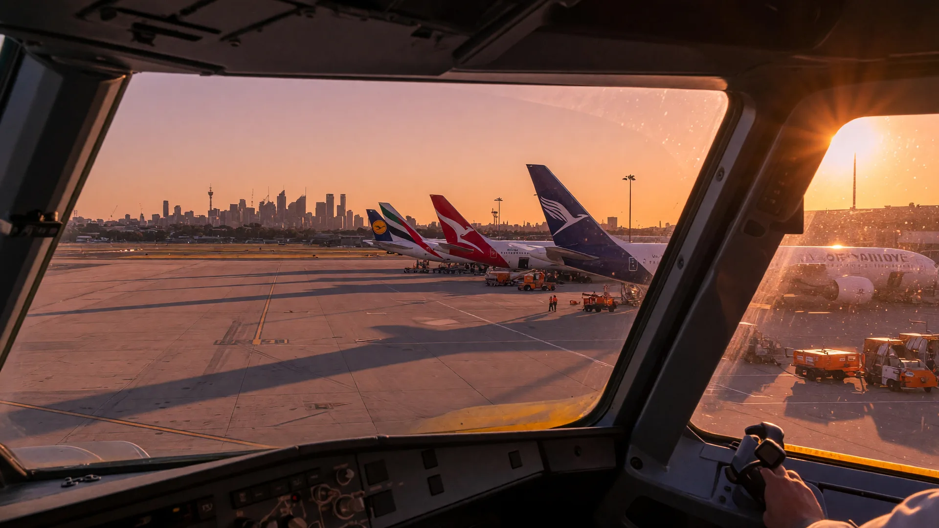 A pilot's uniform shirt held against an aircraft window overlooking a tarmac with airline tails and a city skyline in the distance