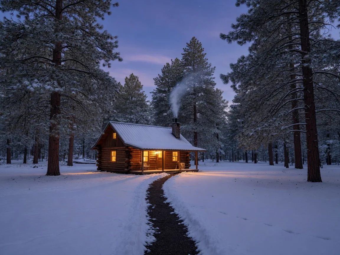 A cozy snow-covered cabin glowing with warm lights in a ponderosa pine clearing near Flagstaff, Arizona