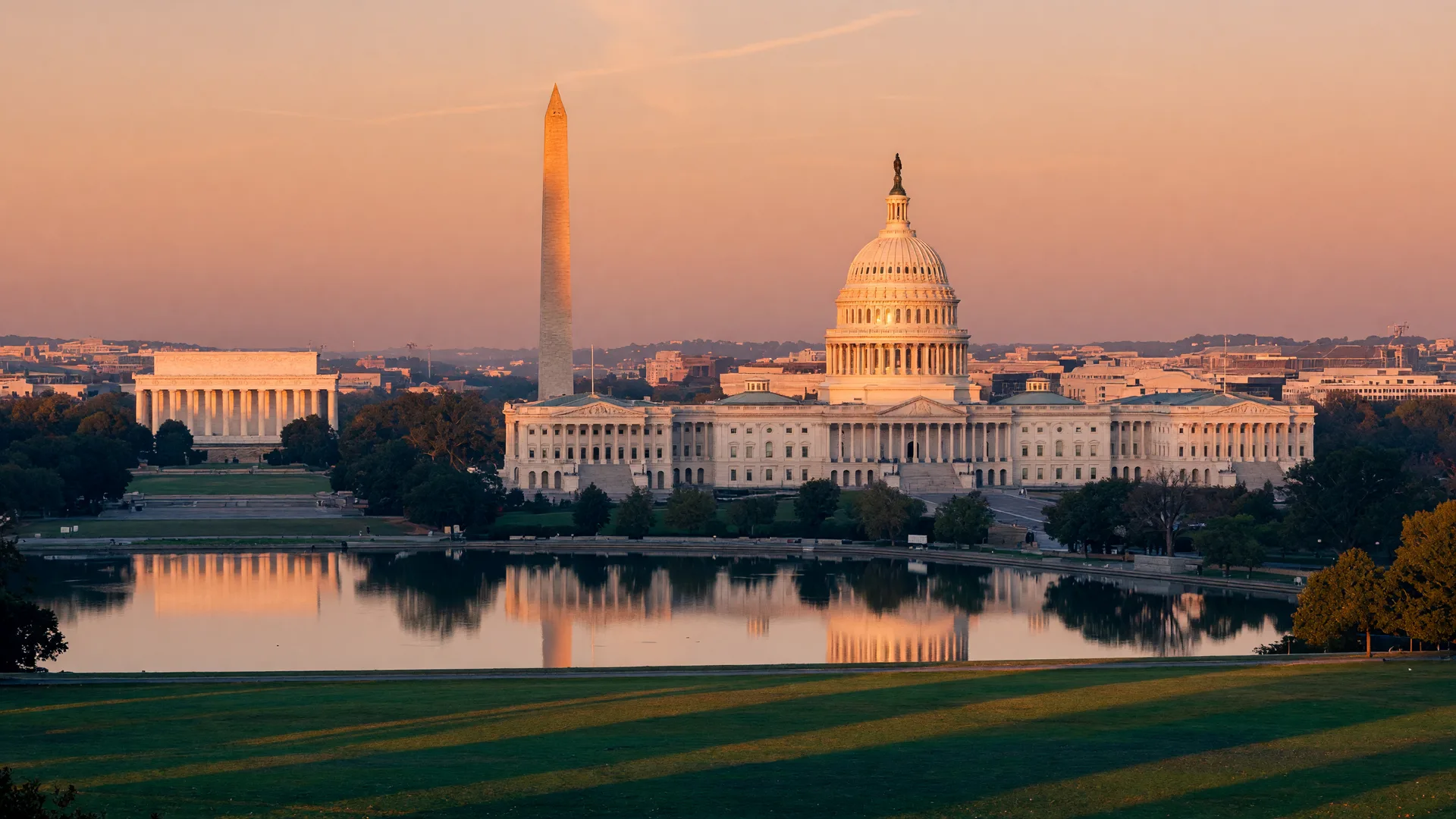 A panoramic view of the Washington DC skyline at golden hour, with the Capitol dome and the Washington Monument across a calm reflecting pool