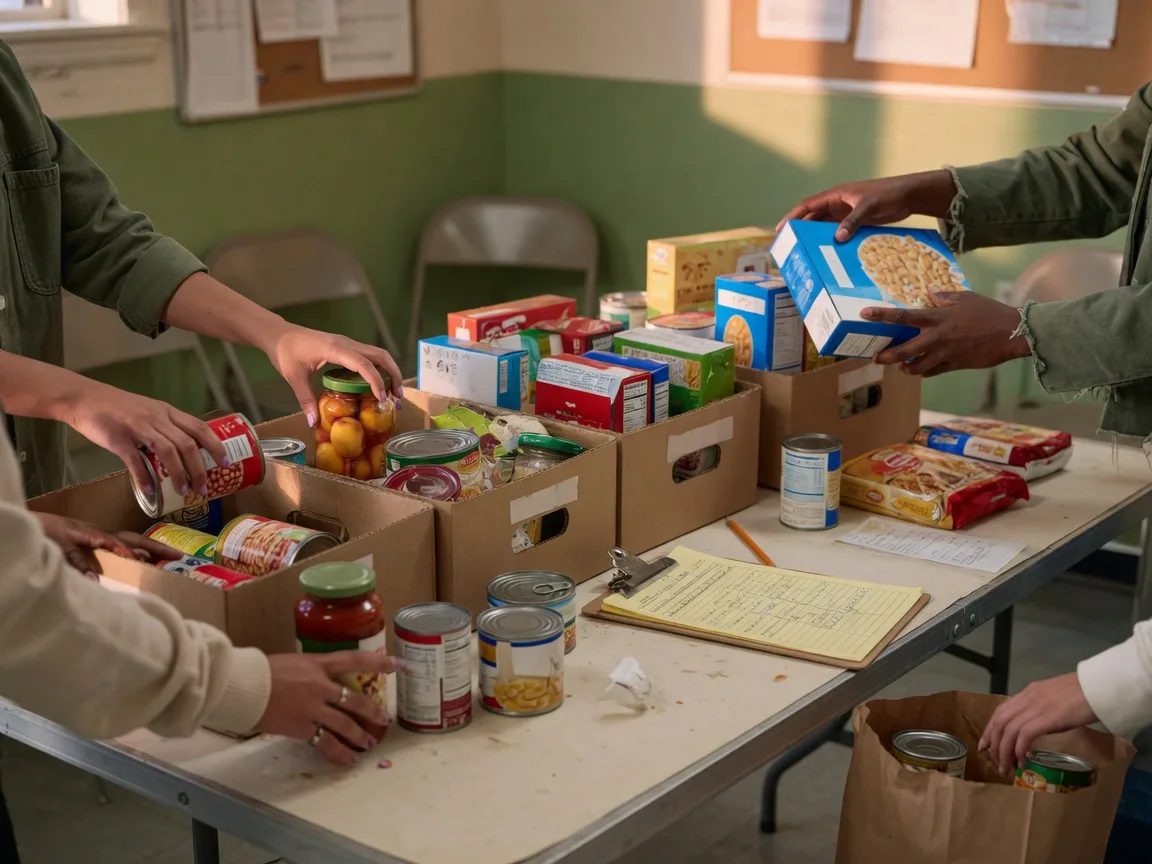Volunteers' hands sorting donated canned goods and cereal into cardboard bins at a community center table for a Hill Country food pantry