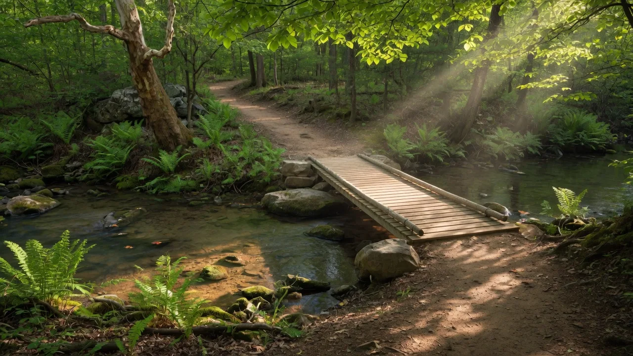A natural-surface woodland trail with a wooden footbridge crossing a clear creek, dappled morning light through a green tree canopy