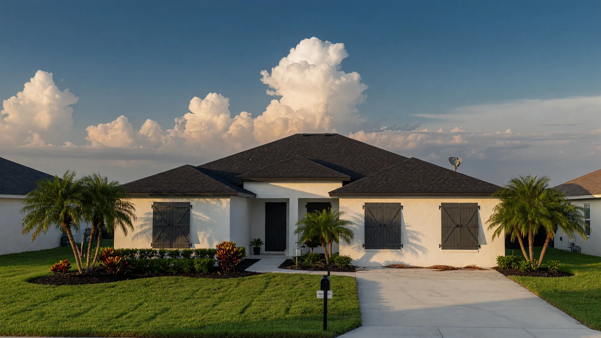 A well-prepared Tampa Bay home with hurricane shutters over the windows, set against a dramatic late-day sky